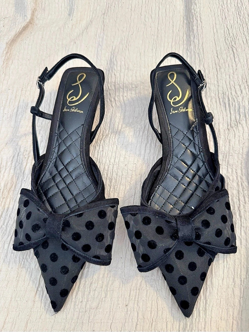 Sam Edelman Black Polka Dot Bow Kitten Heels. Size 7.5